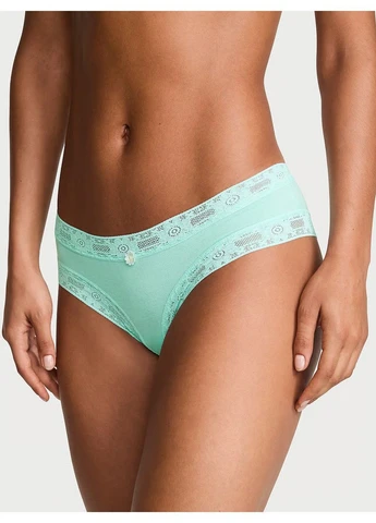 Трусики-чіки жіночі бавовняні Lace Trim Cotton Lace-Waist Cheeky Panty бірюзові Victoria's Secret (401046036)
