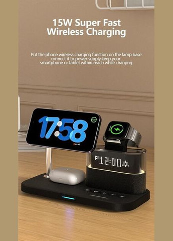 Беспроводная зарядная док-станция, 23 Вт 5 в 1, для iPhone + iWatch + Airpods, RGB повсветка, часы, черная No Brand C09 (321951983)