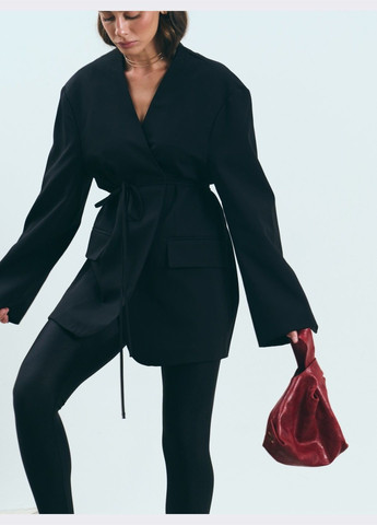 Черный женский пиджак чёрного цвета на завязках Dressa однотонный - демисезонный