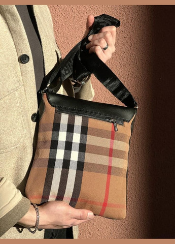 Сумка мессенджер кожаный черный с клеткой No Brand (327795777)