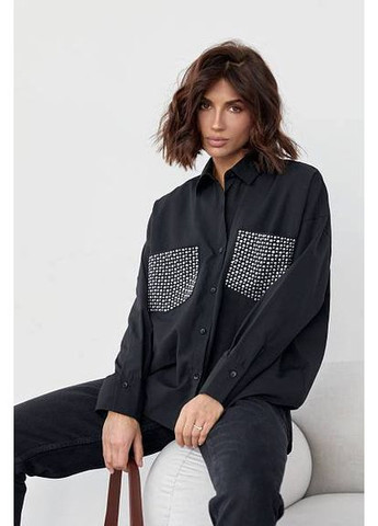 Черная повседневный рубашка однотонная GD/GL Модний простір с длинным рукавом