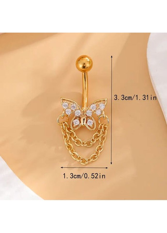 Серьга для пирсинга пупка золотистая Бабочка с белыми кристаллами и цепочками 3.3 см Liresmina Jewelry (351355716)