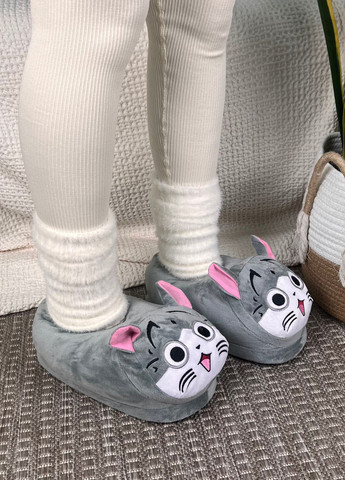 Серые женские домашние тапочки котик чи плюшевые нескользящая подошва My Kigu с ушками, с вышивкой