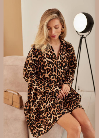 Коричневое повседневный женское платье с леопардовым принтом турецкая вискоза No Brand леопардовый