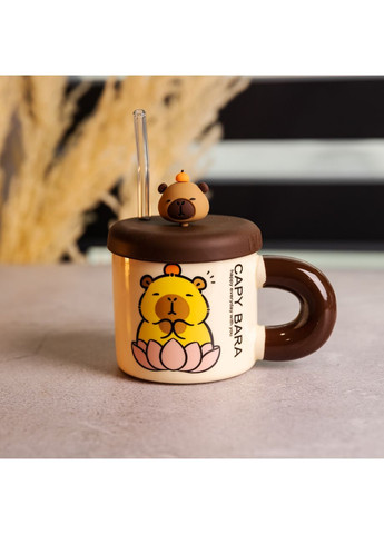 Кубок порцелянова з кришкою та трубочкою Капібара в лотосі 300 (мл) подарункова кружка прикольна чашка для дітей на подарунок Yiwu (371346047)