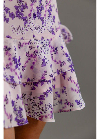 Молочна сукня шифон міні з воланами бузкови квіти на молочному Bessa