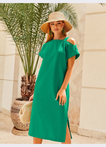 Зелена пряма сукня із льону з відкритим плечем зелена Dressa