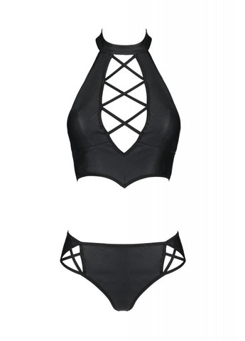 Чорний демісезонний комплект з екошкіри nancy bikini black 4xl/5xl —, бра та трусики з імітацією шнурівки Passion
