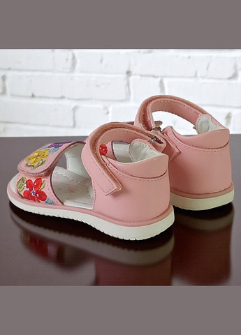 Розовые ортопедические босоножки открытые для девочки сандалии на липучках Сказка со стразами, с вышивкой