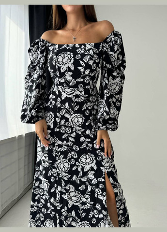 Черное праздничный, повседневный, кэжуал женское платье FINO Mode с цветочным принтом