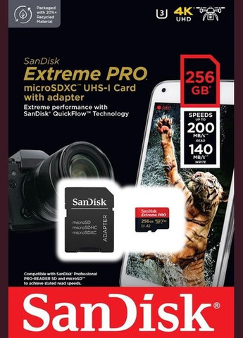 Картка пам'яті Extreme Pro A2 256 Gb microSDXC (UHS1 U3) class 10 V30 (R200MB/s,W140MB/s) SanDisk (293345704)