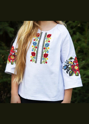 Біла стильна дитяча вишиванка «барви україни» з квітковим орнаментом, рукав 3/4 візерунок квітковий еластан, льон (333616104)