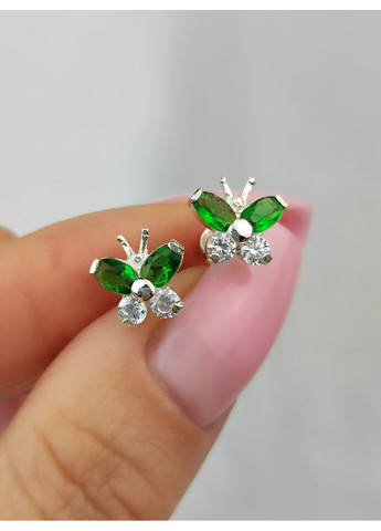 Серебряные серьги пусеты Бабочки с зелеными камушками детские серебро 925 пробы No Brand (367089329)