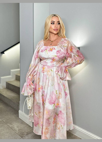 Розовое праздничный, коктейльное, вечернее платье меди из органзы а-силуэт Україна