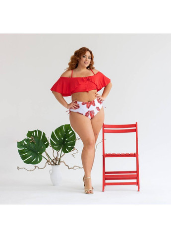Комбінований літній жіночий купальник плюс сайз червоний топ і трусики з листям / жіночий роздільний купальник рюші та білий низ з червоним принтом No Brand