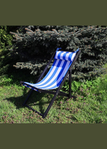 Розкладне дерев’яне крісло шезлонг з тканиною, для дачі, пляжу. Блакитний у смужку, колір каркасу: Чорний No Brand (316221681)