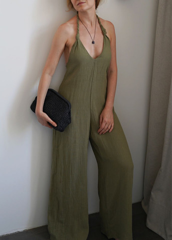 Комбинезон женский хаки из рами Zara комбинезон-брюки повседневный, пляжный хлопок, рами