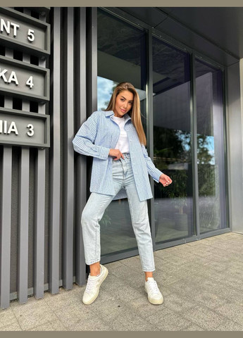 Голубой повседневный рубашка в клетку MonCher с длинным рукавом