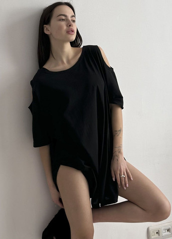 Чорна всесезон бавовняна нічна сорочка колекції «солодкі сни» чорний VIDCHUY