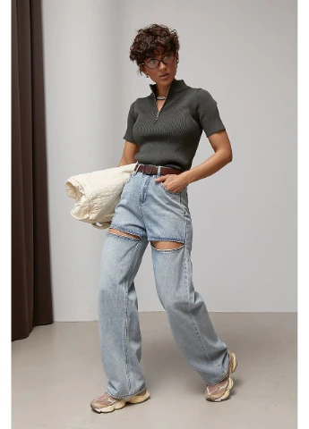 Футболка в рубчик з блискавкою на комірі Lurex - (382868314)