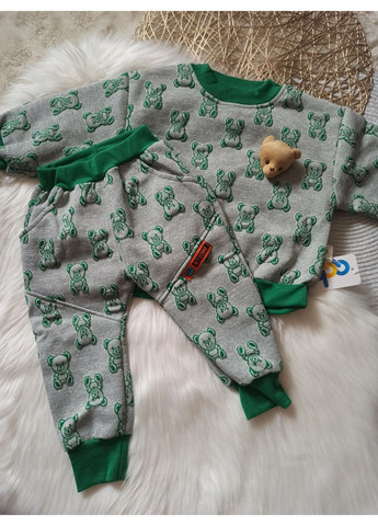 Сіро-зелений демісезонний спортивний для хлопчика з ведмедиками та знімною іграшкою 🧸 брючний No Brand костюм