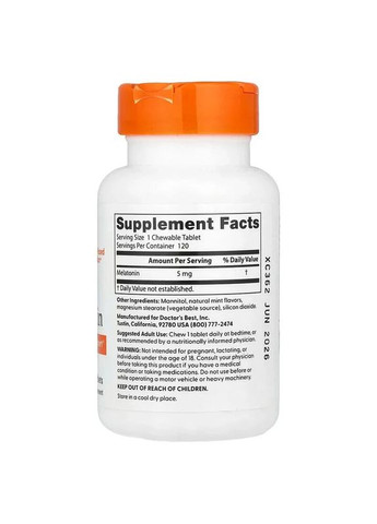 Мелатонин "Melatonin" 5 мг,, 120 жевательных таблеток Doctor's Best (361117906)