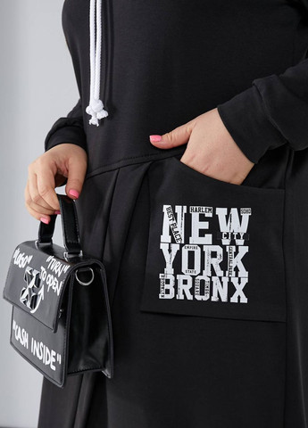 Черное повседневный изысканное повседневное демисезонное меди платье со шнуровкой и длинными рукавами Allthings с надписью