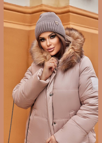 Бежевая зимняя куртка теплая с натуральным мехом No Brand