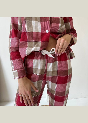 Комбінована піжама (сорочка+штани) жіноча тепла фланель клітинка червона з рожевим f61p Cosy