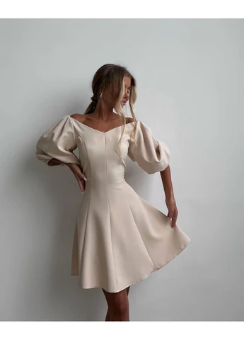 Бежевое платье мини с пышным рукавом Fashion