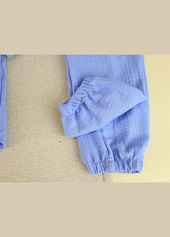 Голубой летний детский муслиновый летний голубой костюм рубашка с капюшоном штаны с рубашкой, брючный No Brand