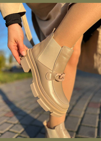 Зимние женские ботинки челси из натуральной кожи бежевые (1412) No Brand