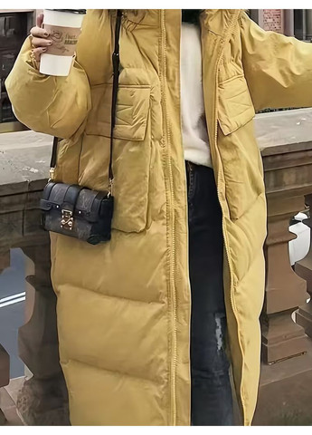 Желтое зимнее Женское зимнее лимонно-желтое пальто с капюшоном 2025 размер S оверсайз No Brand