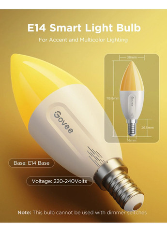 Лампа умная H600C, E14, 5W, 450Lm, 2700K-6400K, RGBWW, WI-FI/Bluetooth, белый Govee (370620153)