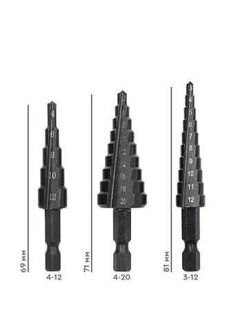 Набір ступінчастих конусних свердел Cone Drill Bit 3 штуки (3-12, 4-12, 4-20 мм), Black Semi (334891524)