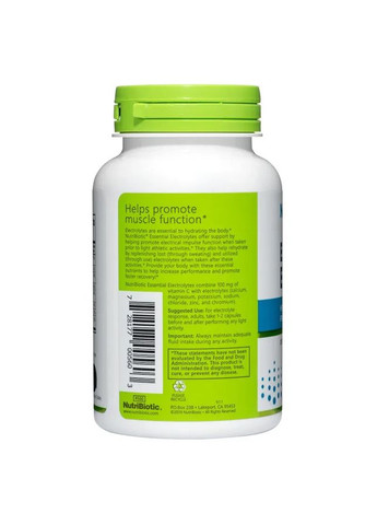 Незаменимые электролиты Essential Electrolytes 30 вегетарианских капсул NutriBiotic (362971456)