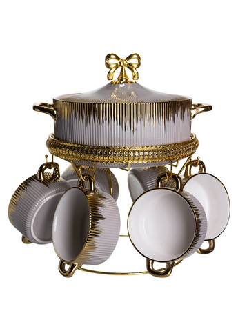 Суповий набір із порцеляни супниця та 6 бульйонниць на металевій підставці, сірий Yiwu (367983825)