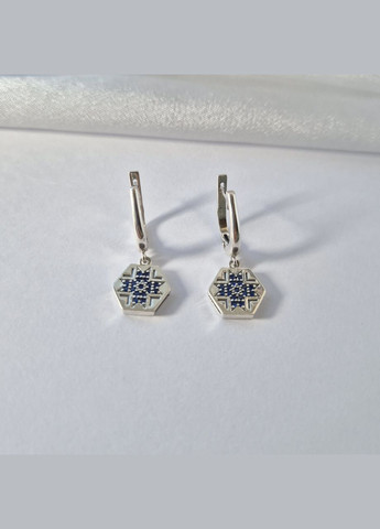 Серебряные серёжки серьги Вышиванка с Синими камнями черненное серебро 925 пробы 82152с 5.34г No Brand (307289206)