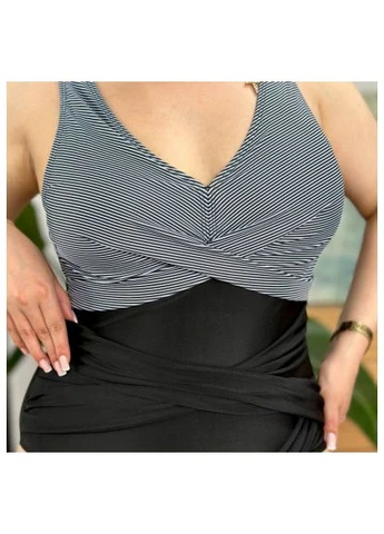 Черный летний женский слитный купальник плюс сайз серый верх низ / женский купальник больших размеров с перекрестом на талии No Brand