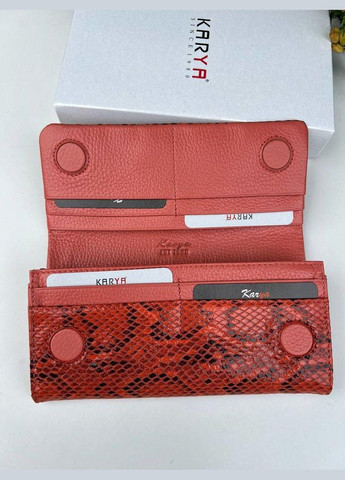 Кошелек женский Турция красный с змеиным принтом, середина коралл натуральная кожа лак на магнитах 1159-513 Karya (341322970)