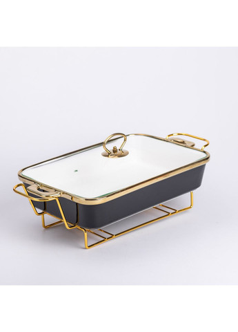 Мармитница керамическая прямоугольная 2 л с подставкой и стеклянной крышкой Черный Yiwu (362456138)