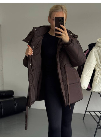 Коричневая зимняя женская теплая пуховая куртка с капюшоном No Brand