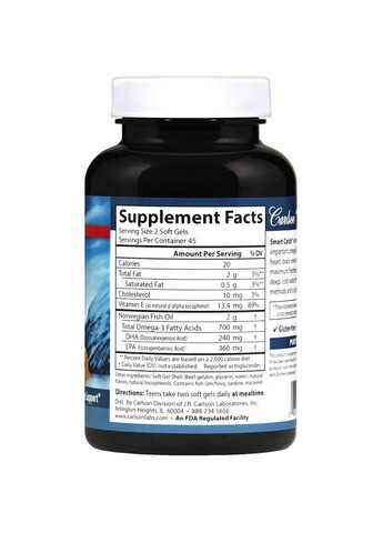 Омега-3 для Подростков, Teens Smart Catch,, 180 желатиновых капсул Carlson Labs (326054795)