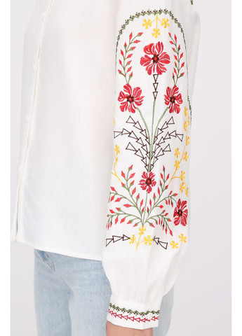 Біла жіноча лляна сорочка-вишиванка з комірцем та вишитими квітами рукавами зозуля., р., код 9489/50/101 ГАЛЕРЕЯ ЛЬОНУ