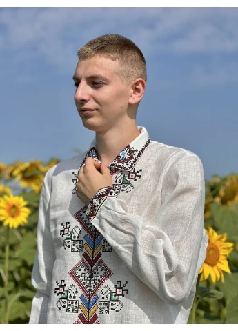Белая мужская вышитая рубашка цветными нитками svch1, 2xl, 100% лен, мужчинам LiMaSo (390489380)