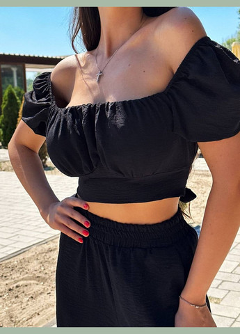 Чорний костюм двійка (топ+штани) з креп-жатки з відкритим декольте, літній легкий костюм 2-ка з відкритими плечима No Brand 200 (299762992)