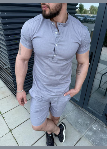 Сірий літній чоловічий лляний комплект на літо з сорочкою, з шортами Vakko