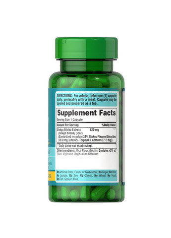 Натуральна добавка Puritan's Pride Ginkgo Biloba 120 mg, 100 капсул Puritans Pride (334705428)