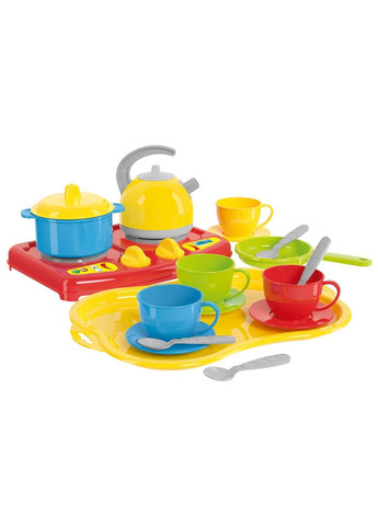 Детский игрушечный набор посуды с подносом, плитой и чайным сервизом на 19 элементов Комбинированный (47570332311) ТехноК (373297170)