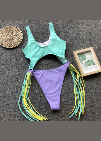 М'ятний літній жіночий суцільний купальник монокіні з вісюльками з боків чорний No Brand